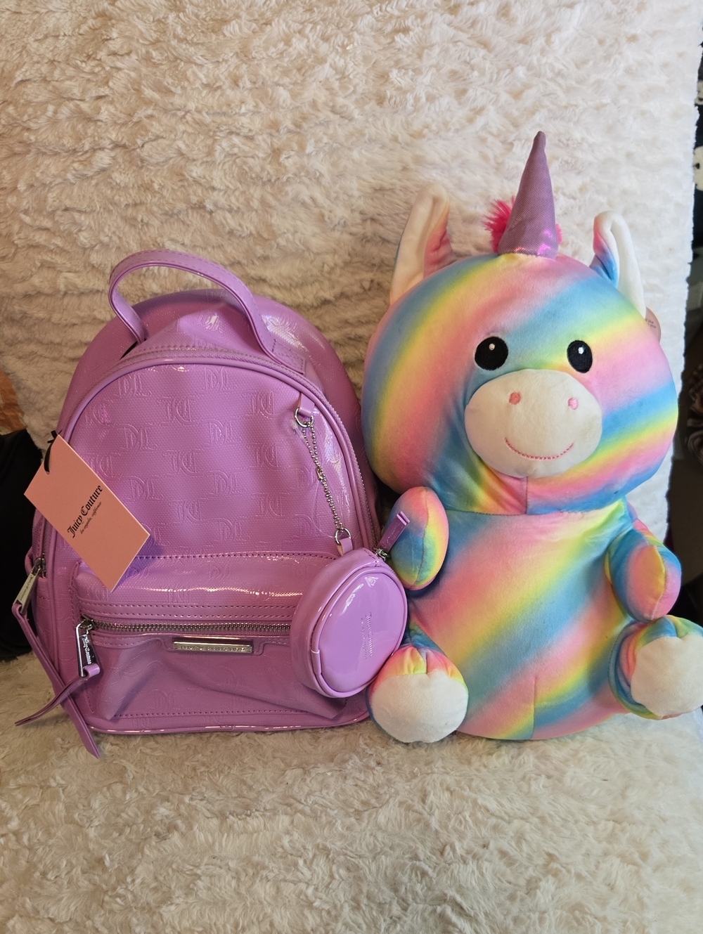 Juicy Couture Lilac  Backpack with Coin Pouch And Unicorn Soft Plush Toy